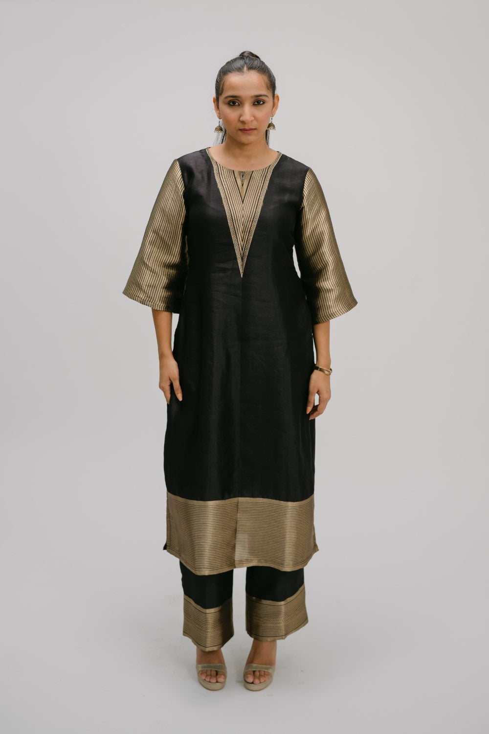 23. Bidri kosh Silk v-neck set ( with brocade detail)