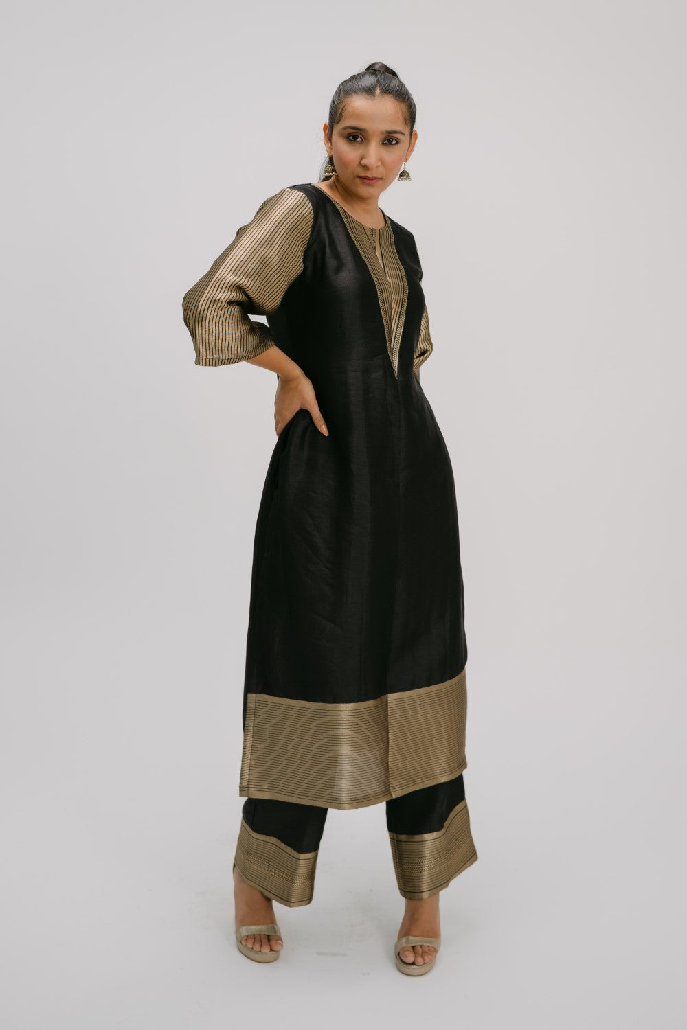 23. Bidri kosh Silk v-neck set ( with brocade detail)
