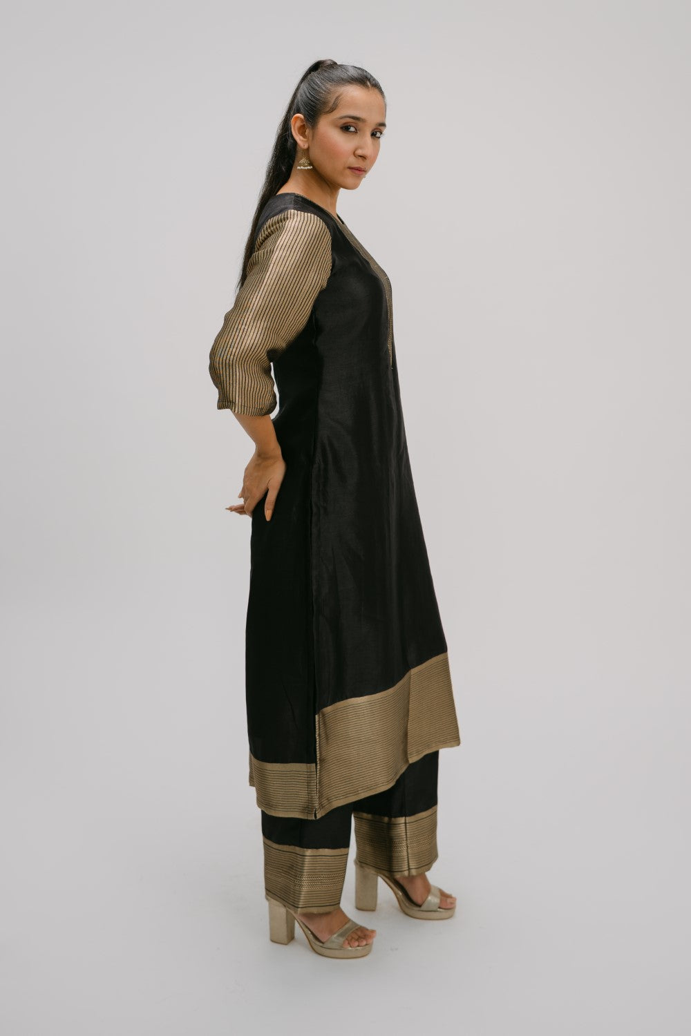 23. Bidri kosh Silk v-neck set ( with brocade detail)