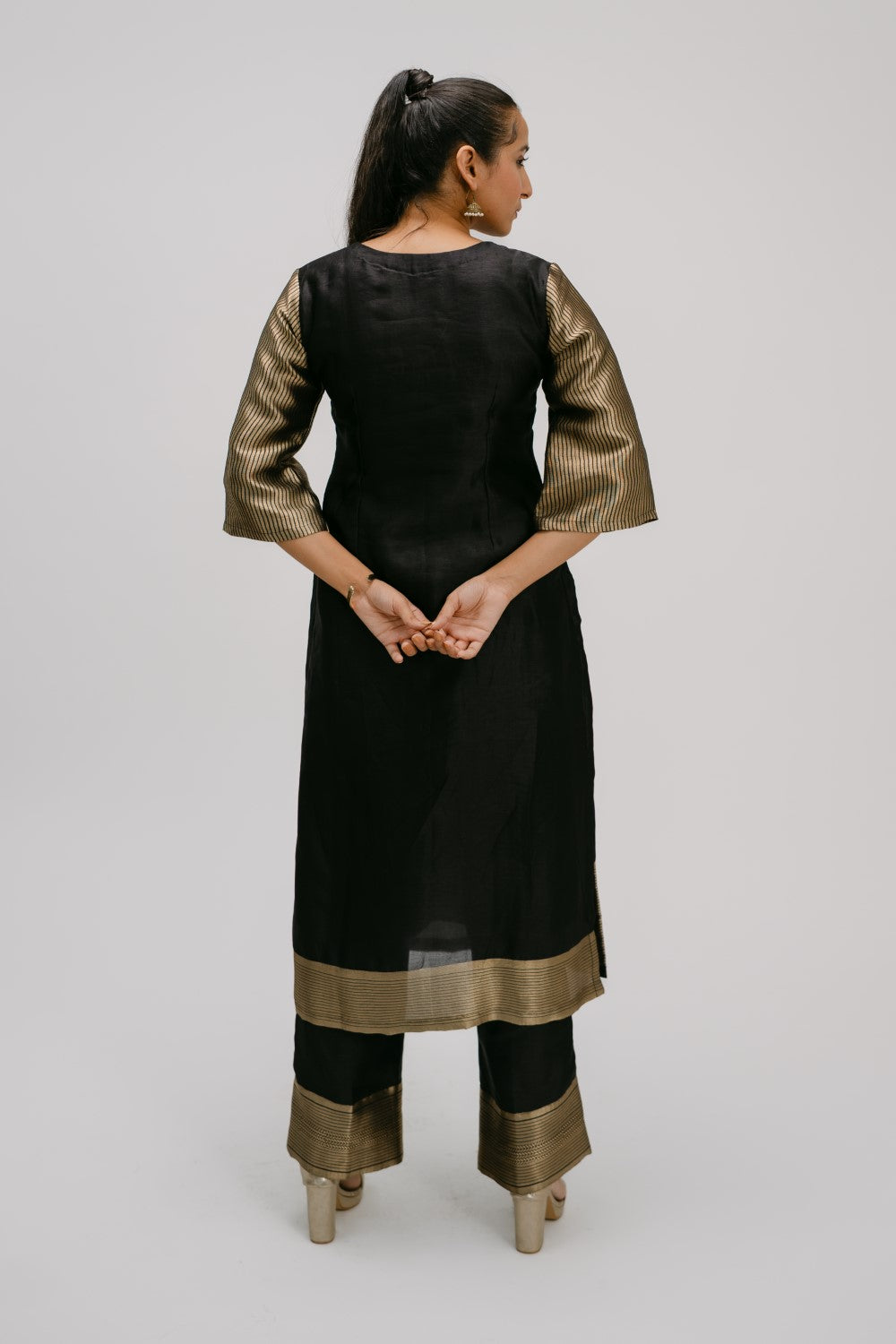 23. Bidri kosh Silk v-neck set ( with brocade detail)