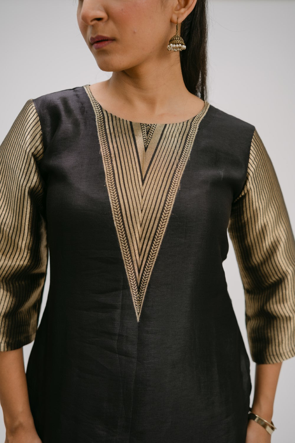 23. Bidri kosh Silk v-neck set ( with brocade detail)