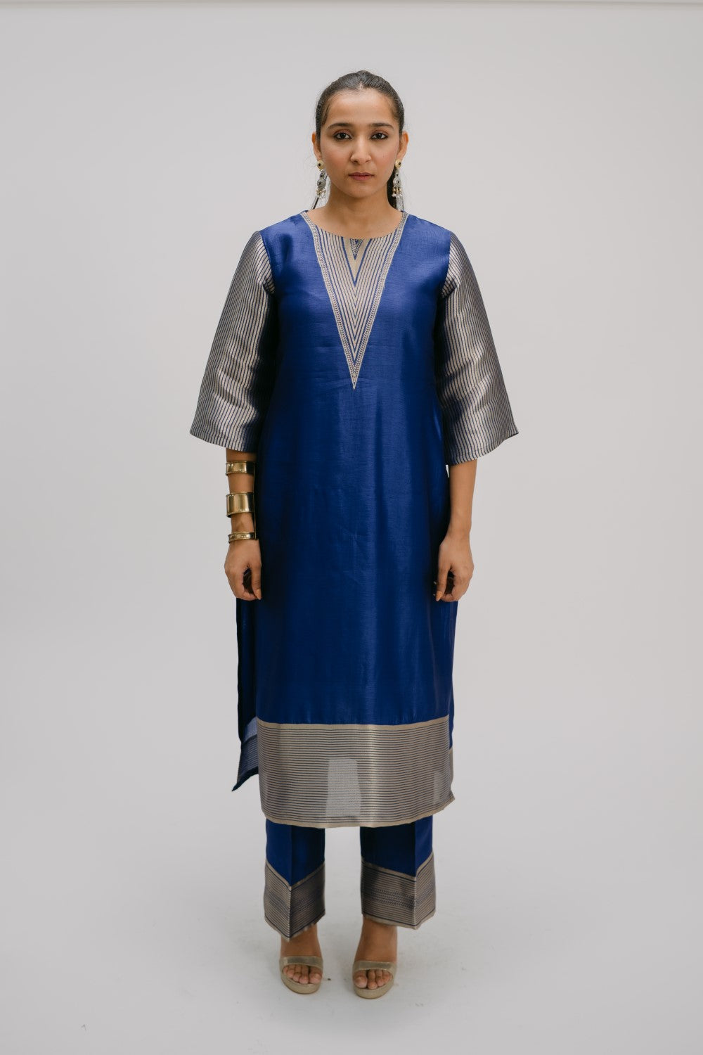 12. Alankar kosh Silk v-neck set ( with brocade detail)