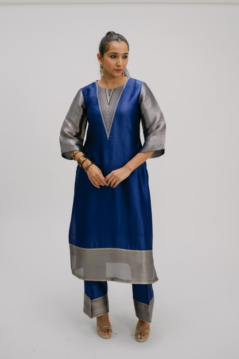 12. Alankar kosh Silk v-neck set ( with brocade detail)