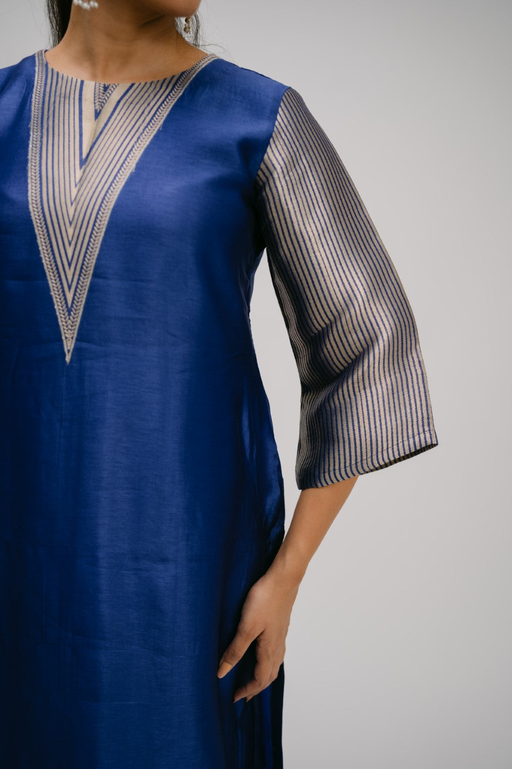 12. Alankar kosh Silk v-neck set ( with brocade detail)
