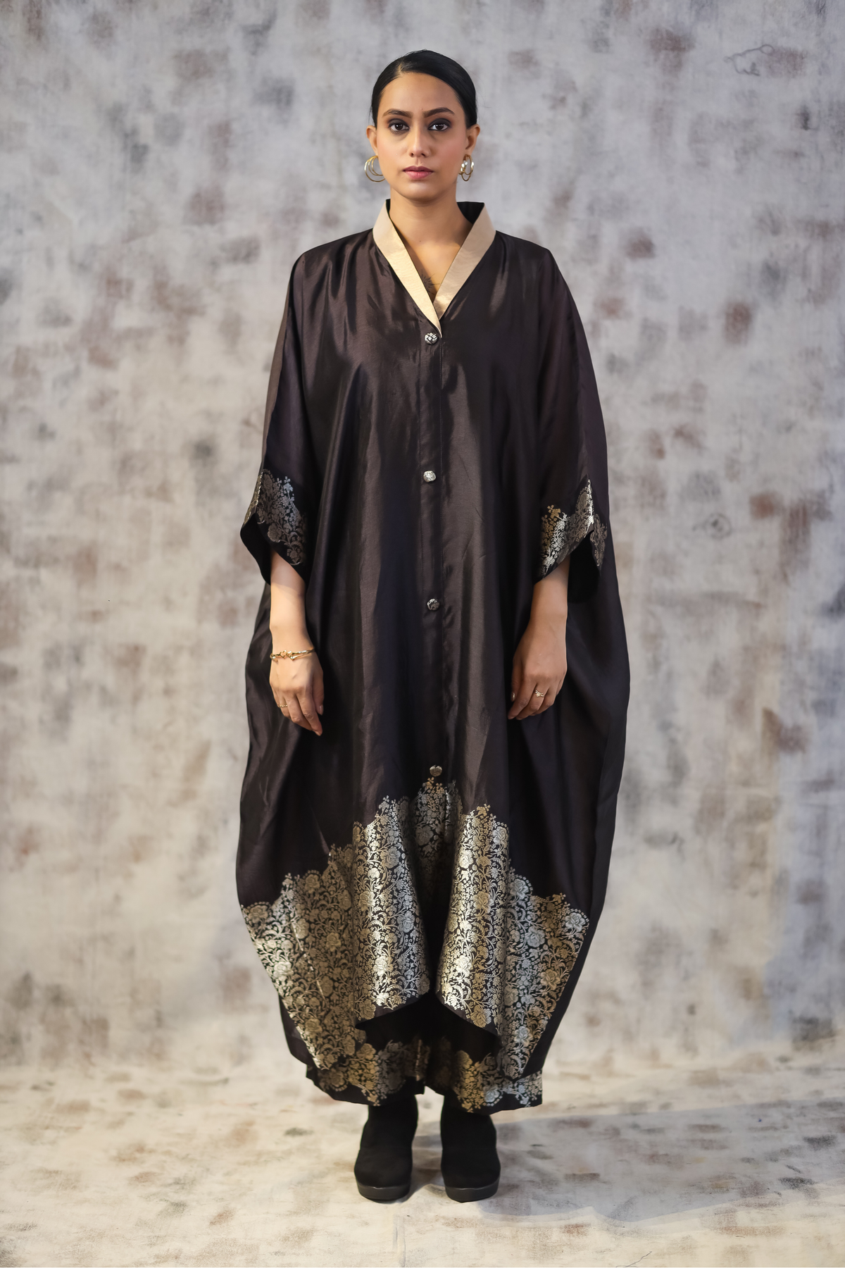 Kosh Silk Black Collar Kaftan Set